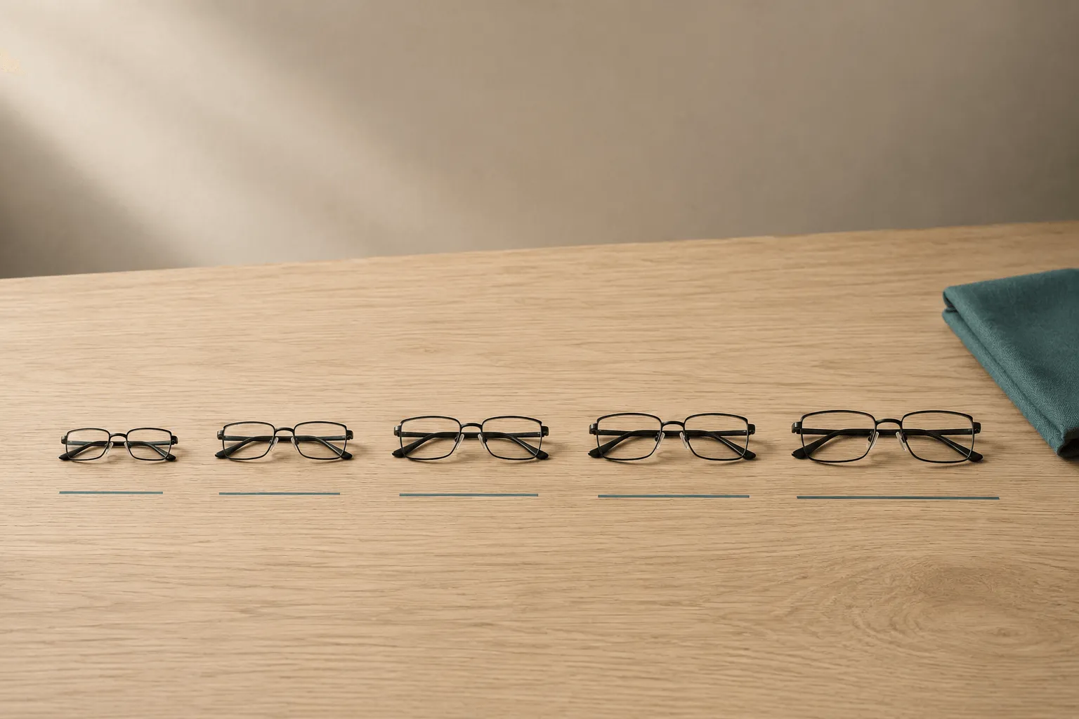 Five pairs of glasses in a row from narrowest to widest, illustrating average pupillary distance by age and gender