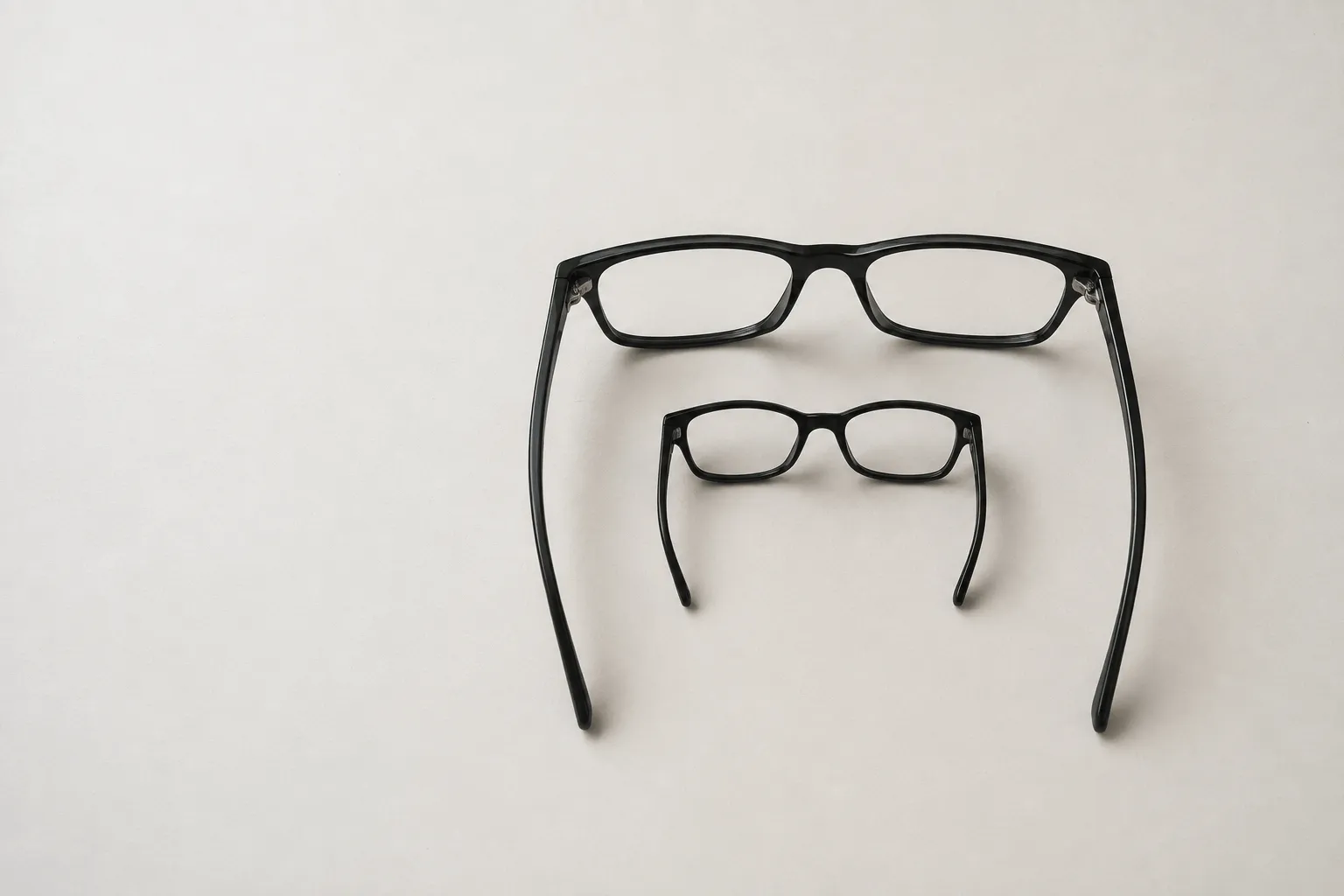 A child's small glasses nested inside an adult pair, showing how pupillary distance changes with age then settles