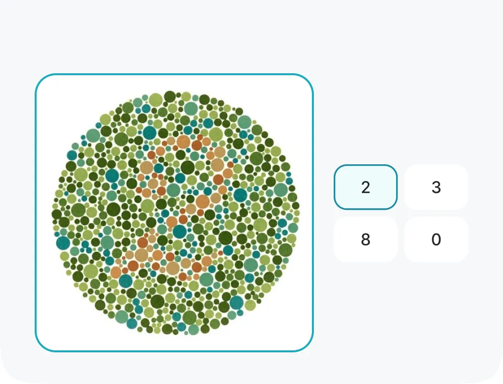 A color vision test plate beside multiple-choice answers, as shown in the app