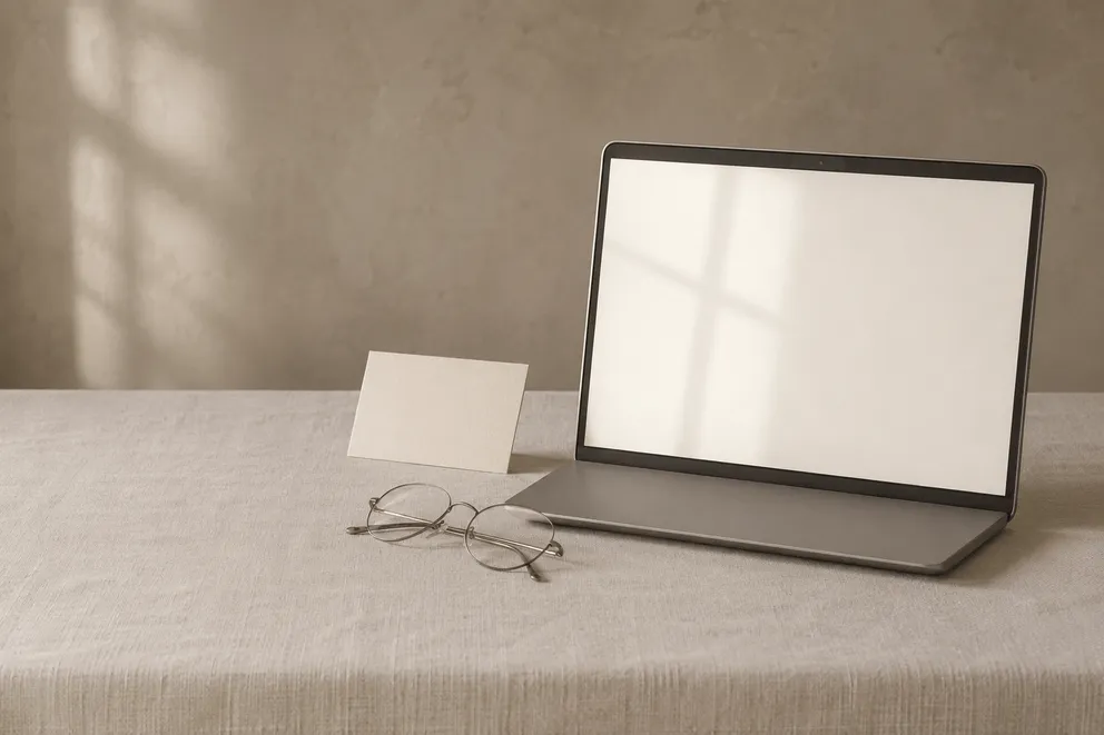 A laptop, card and folded glasses on a linen desk, ready for entering your pupillary distance when ordering online