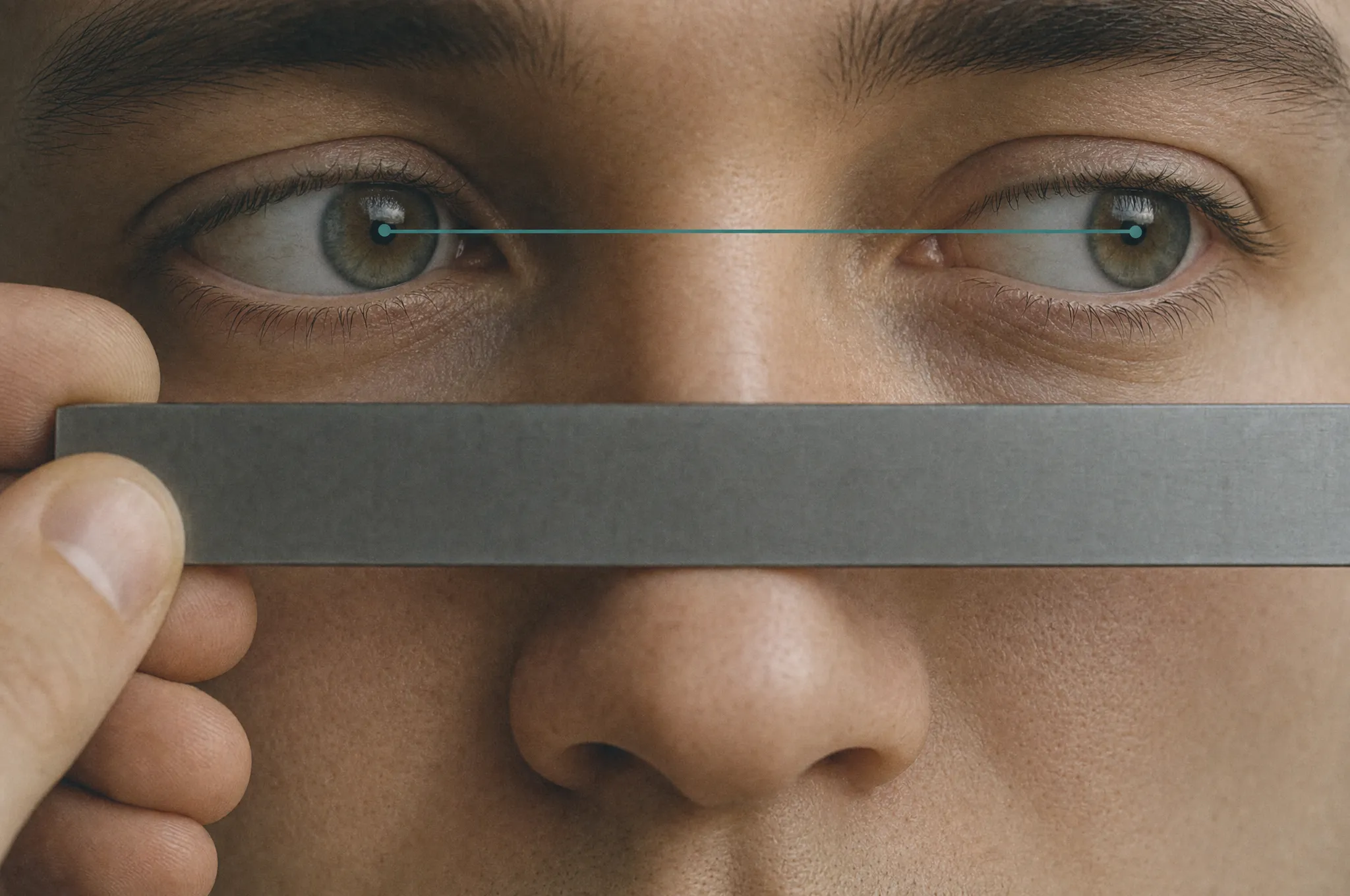 A helper holding a ruler level across the bridge of the nose while the person looks into the distance, pupil centers joined by a drawn line