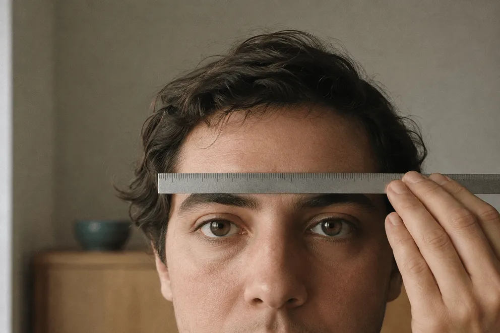 A millimeter ruler held level across the brow to measure pupillary distance at home