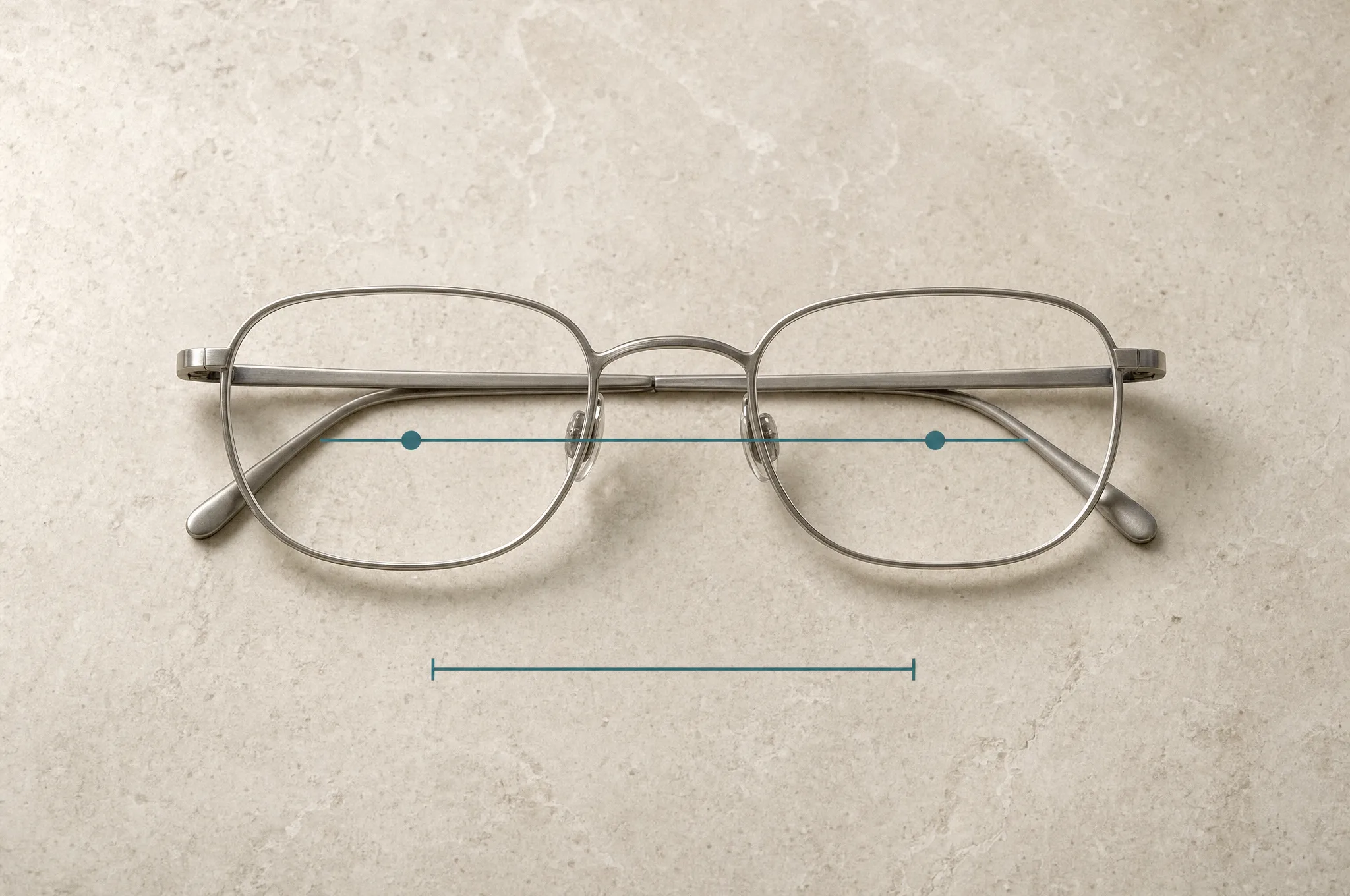 A frame front seen from above with two dots at the lens centers joined by a line, and a shorter measurement span drawn beneath it