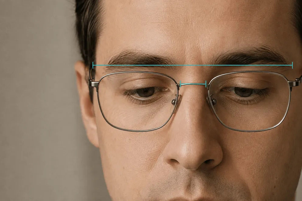 Front-on view of glasses on a face with the frame width and the bridge width marked