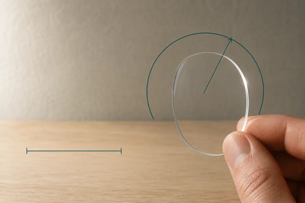One eyeglass lens held to the light with a degree arc beside a short flat measurement span