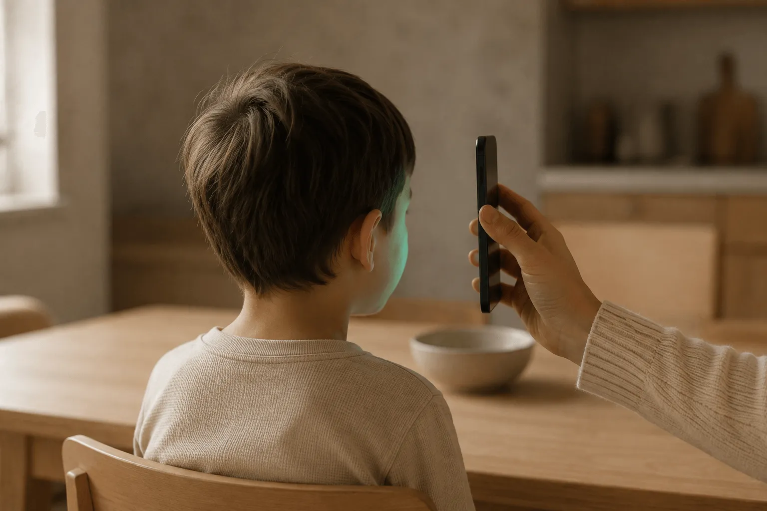 La mano de un adulto sosteniendo un móvil frente a un niño en la mesa de la cocina para medir su distancia pupilar