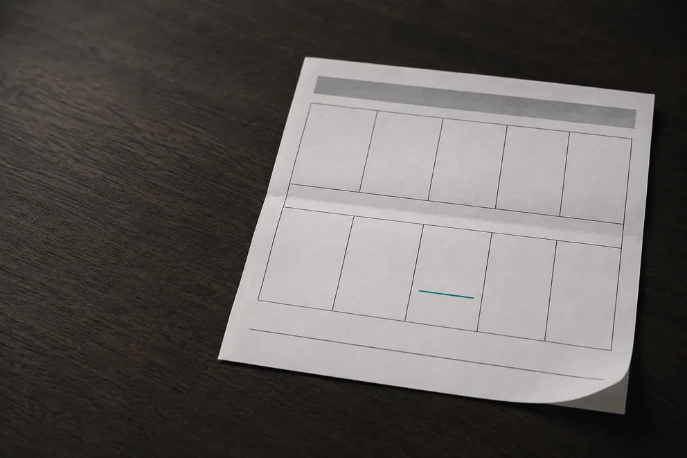 A folded glasses prescription form with one blank box where the PD measurement should be