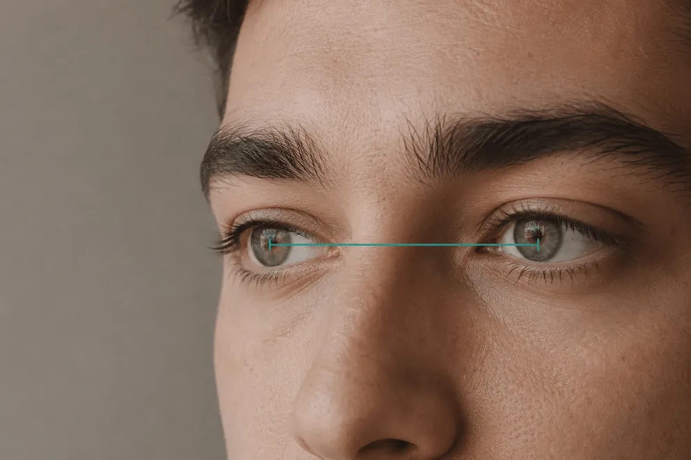 Diagram of pupillary distance: a measured line spanning pupil centre to pupil centre on a close-up of adult eyes